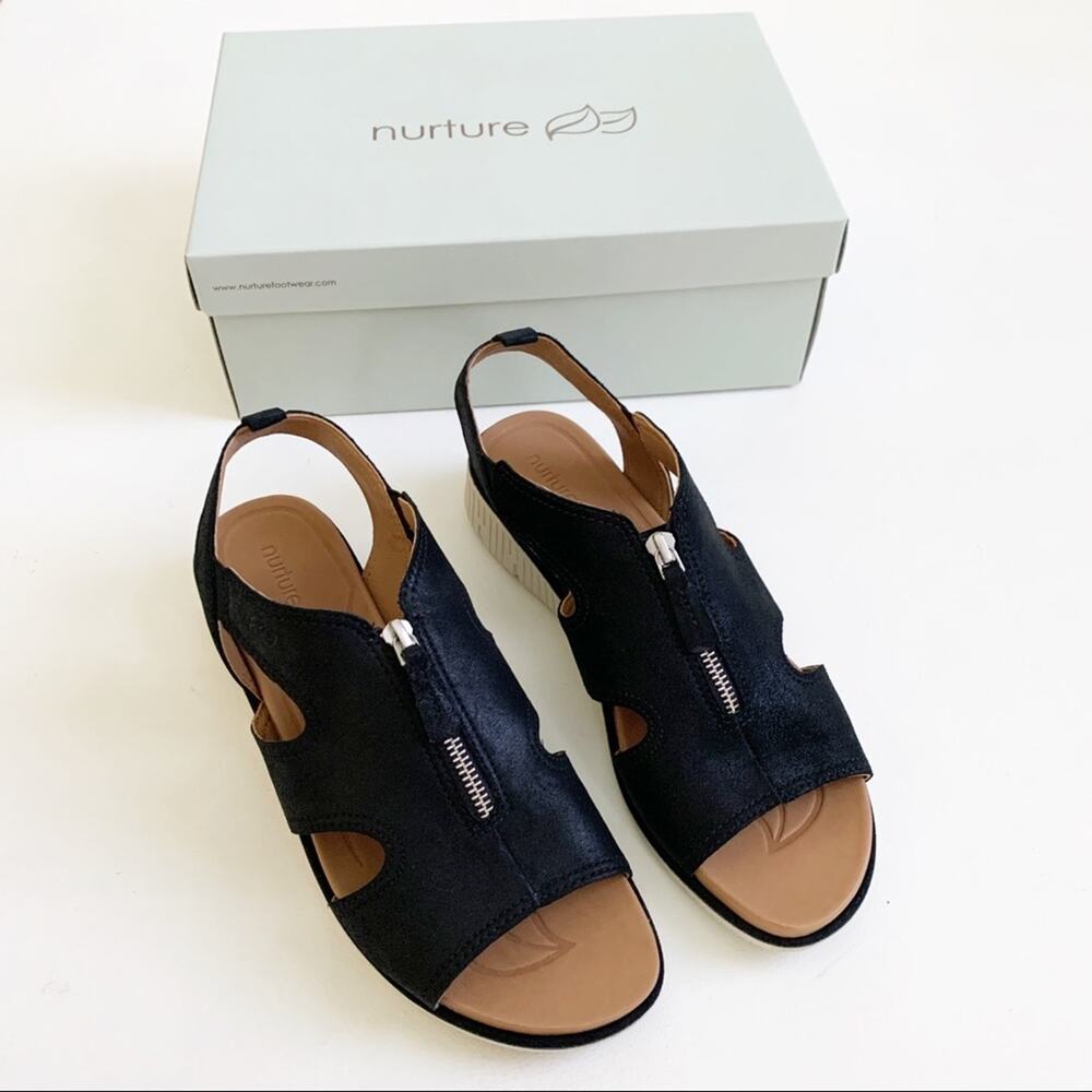 Nurture Wedge Sandal Sersey Black Leather Zipper Wedge Sandals Size 10 NIB